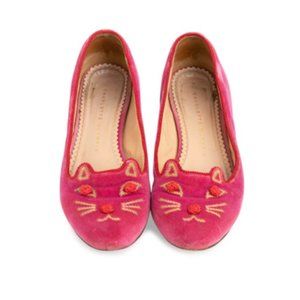 Charlotte Olympia  Pink Velvet Kitty Knot Flats